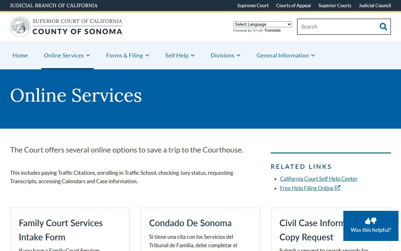 Sonoma Superior Court online services page showing court case portal access