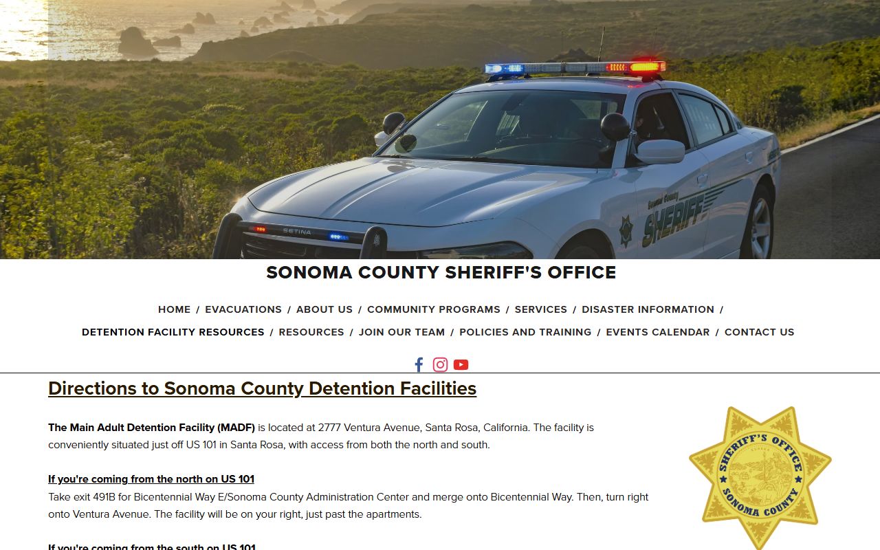 Sonoma Sheriff directions page with North County Detention Facility parking and route notes