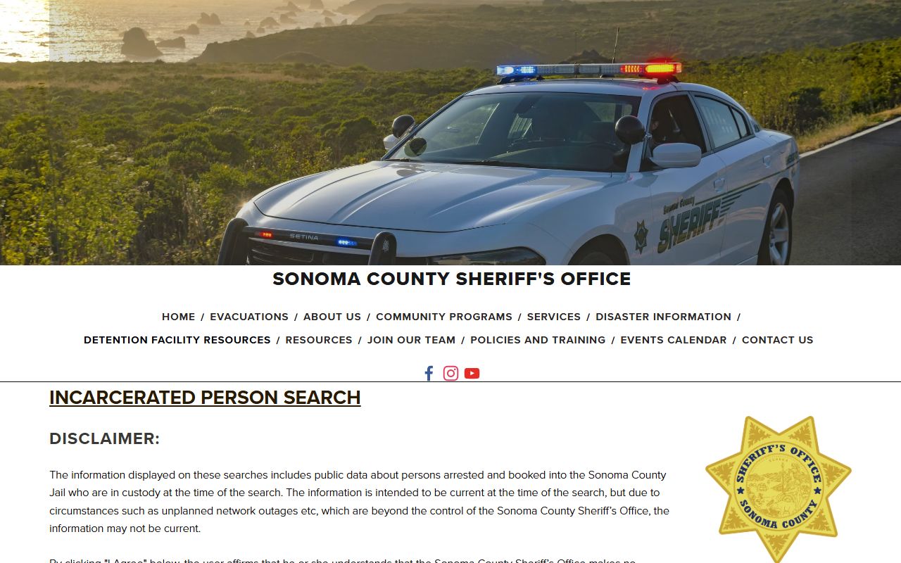 Sonoma Sheriff incarcerated person search gateway leading to the jail inmate search