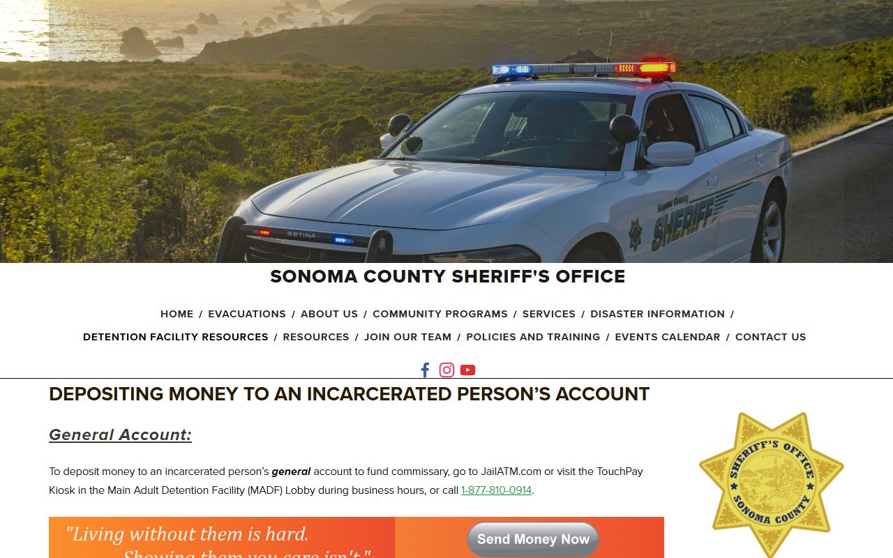 Sonoma Sheriff money deposit instructions for JailATM, TouchPay, and ViaPath accounts