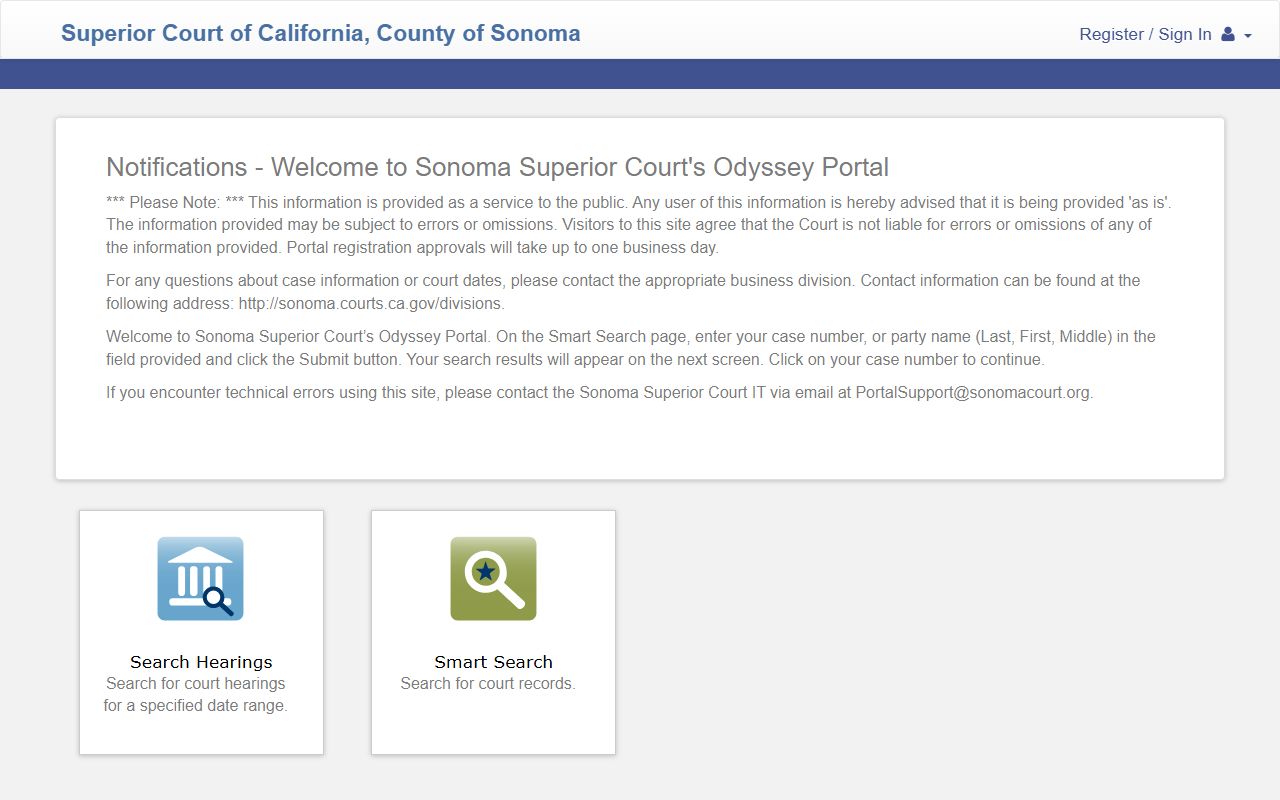 Sonoma Superior Court Odyssey public case portal landing page