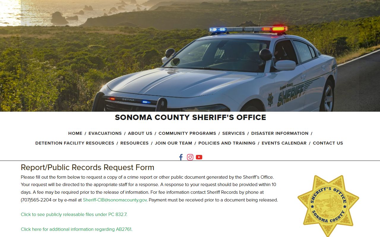 Sonoma Sheriff public records request page with response time and records contacts