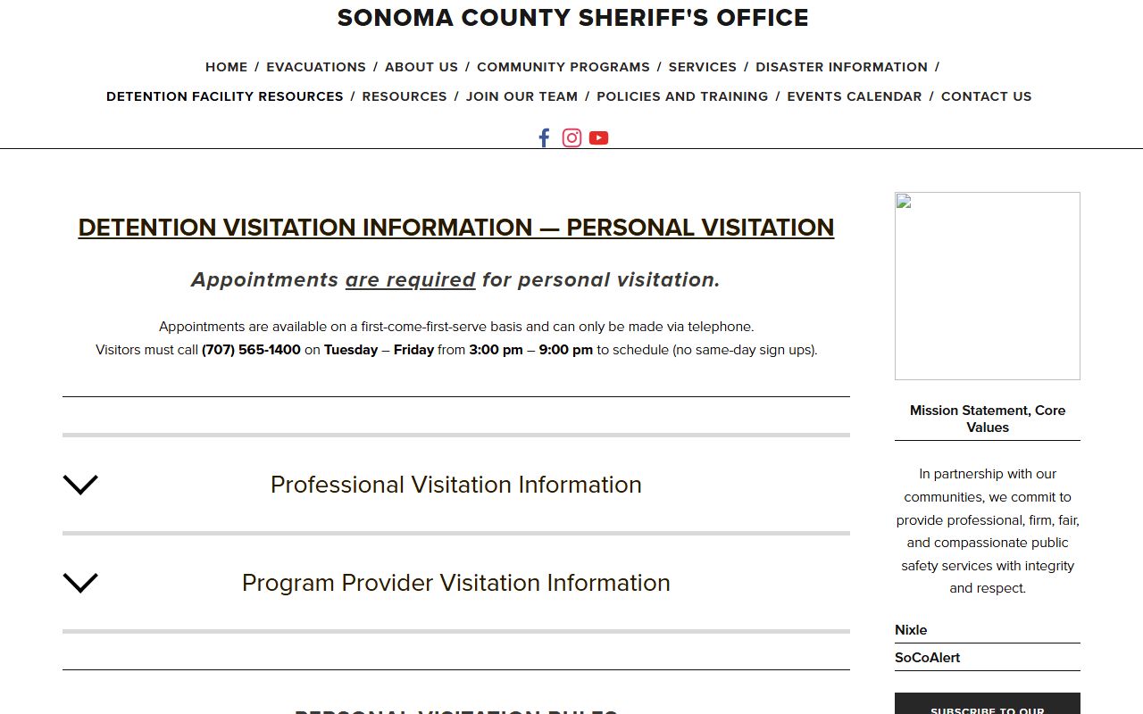 Sonoma Sheriff detention visitation hours and appointment rules