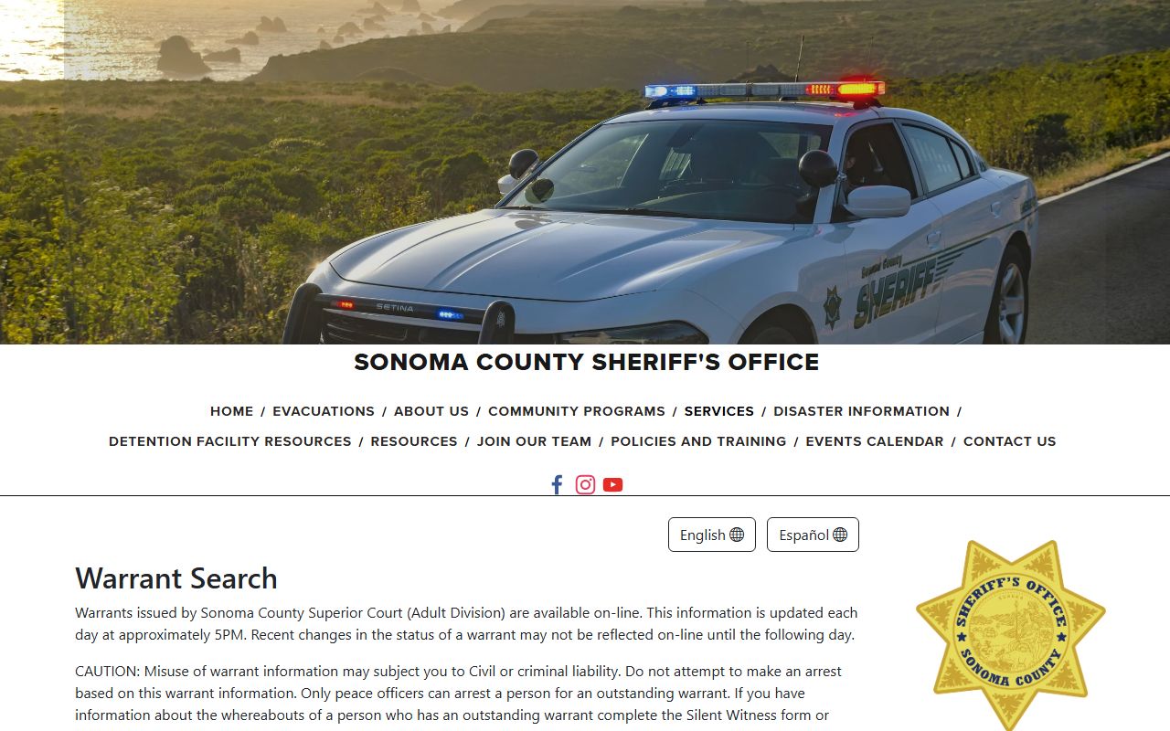 Sonoma Sheriff warrant search page